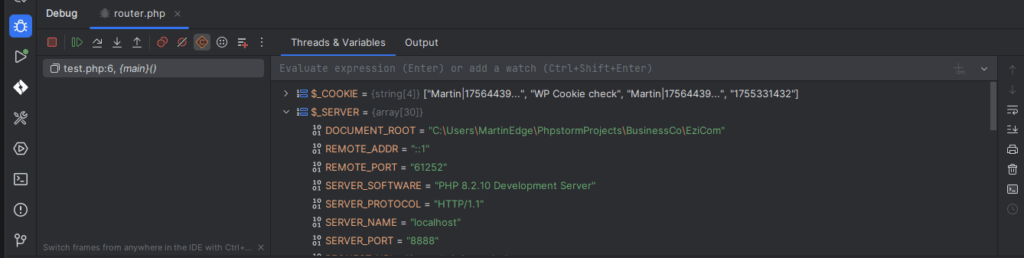 The full debugging panel